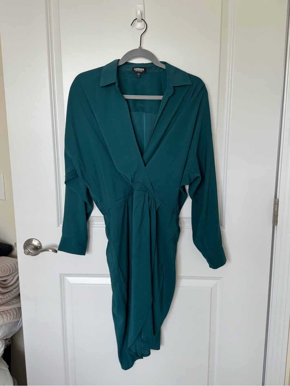 Express Teal Green Wrap Dress - Long Sleeve Collared V-Neck